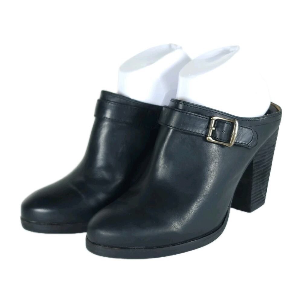 FRYE Women's Patti Slingback US8,5M Black Leather Side Buckle Heeled Mules Clogs